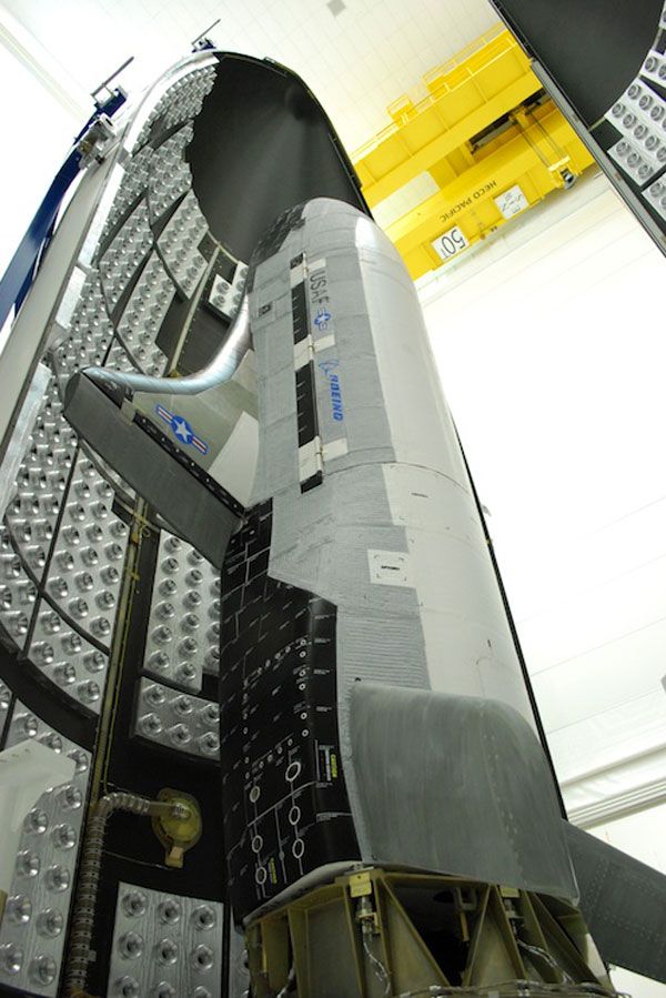 The OTV is shown inside its Atlas V payload fairing during encapsulation, ahead of its March 2011 launch from Cape Canaveral Air Force Station in Florida.