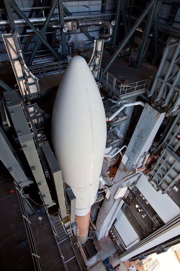 The Atlas V rocket carrying the OTV prepares to roll out of its Vertical Integration Facility at Cape Canaveral Air Force Station in Florida, on March 3, 2011.