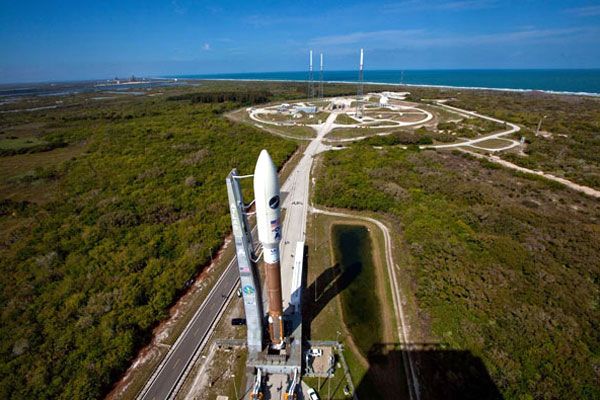 The Atlas V rocket carrying the OTV rolls out to its launch pad at Cape Canaveral Air Force Station in Florida, on March 3, 2011.