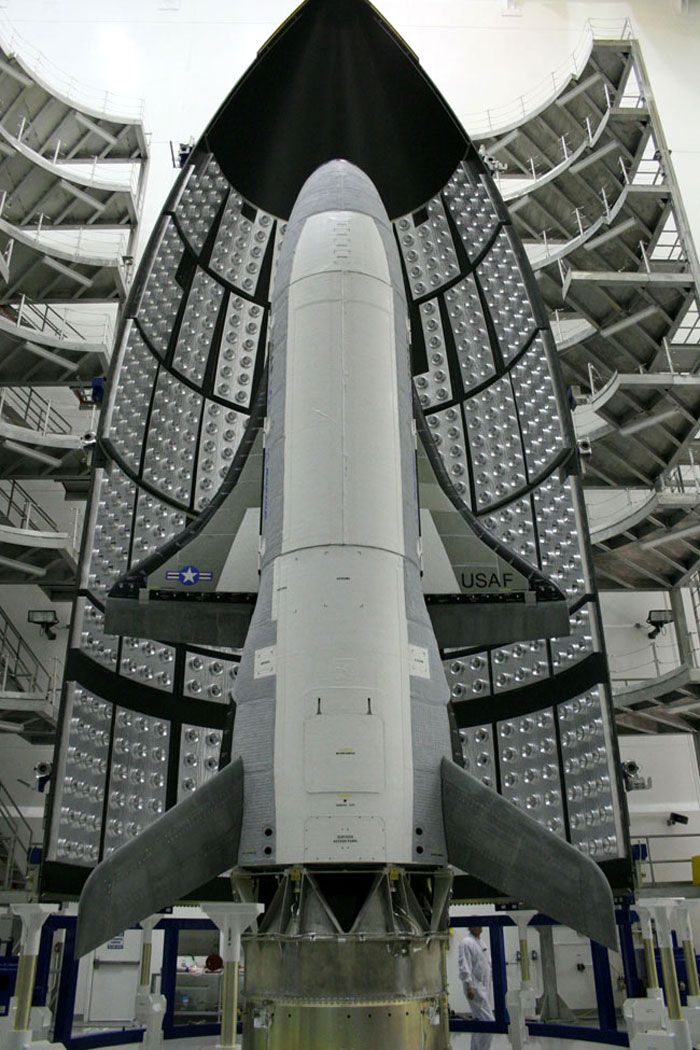 The OTV is shown inside its Atlas V payload fairing during encapsulation, ahead of its April 2010 launch from Cape Canaveral Air Force Station in Florida.
