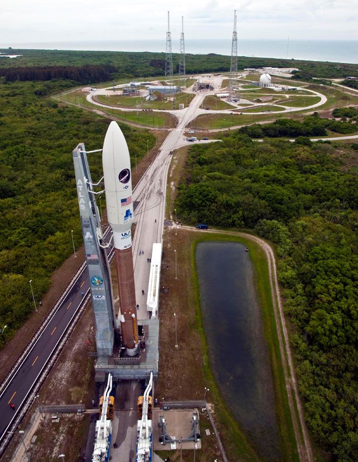 The Atlas V rocket carrying the OTV rolls out to Space Launch Complex 41 at the Cape Canaveral Air Force Station in Florida, on April 21, 2010.