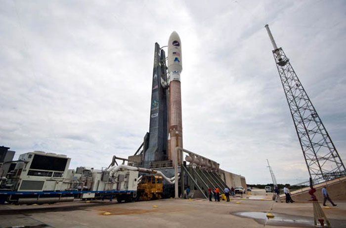 The Atlas V rocket arrives at SLC-41 at Cape Canaveral Air Force Station in Florida, on April 21, 2010.