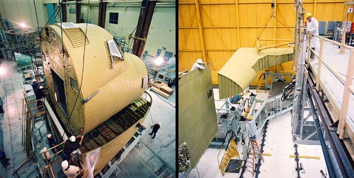 Construction photos of space shuttle Endeavour.