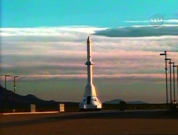 The mock-up Orion spacecraft and the launch abort system prior to liftoff on the PA-1 test (NASA TV).