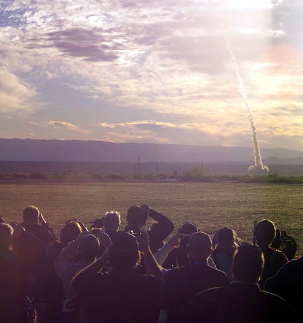 The mock-up Orion spacecraft and the launch abort system take off on the PA-1 test.