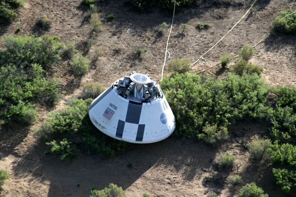 A close-up of the mock-up Orion spacecraft in the New Mexco desert...after concluding the PA-1 test.