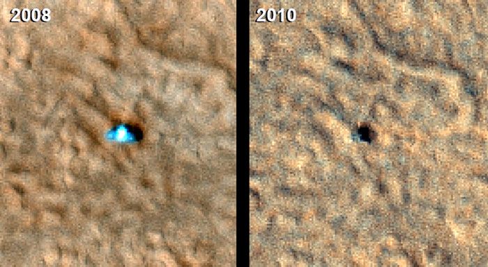 Before-and-after shots showing the Phoenix lander on the Martian surface in 2008 and 2010, respectively.