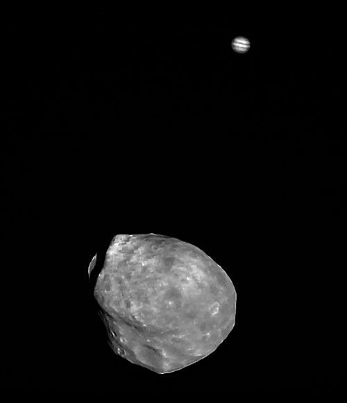 The Martian moon Phobos, with Jupiter in the background, photographed by the European Space Agency's (ESA) Mars Express orbiter on June 1, 2011.