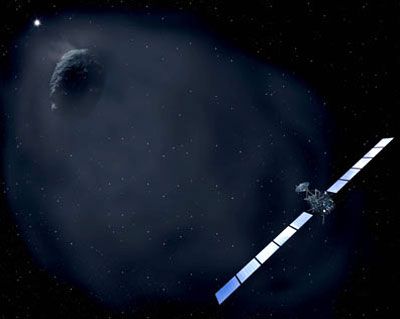 An artist's concept of ESA's Rosetta spacecraft approaching comet Churyumov-Gerasimenko.