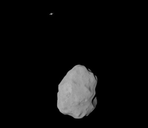 An image of asteroid Lutetia, with Saturn in the background, that was taken by ESA's Rosetta spacecraft on July 10, 2010.