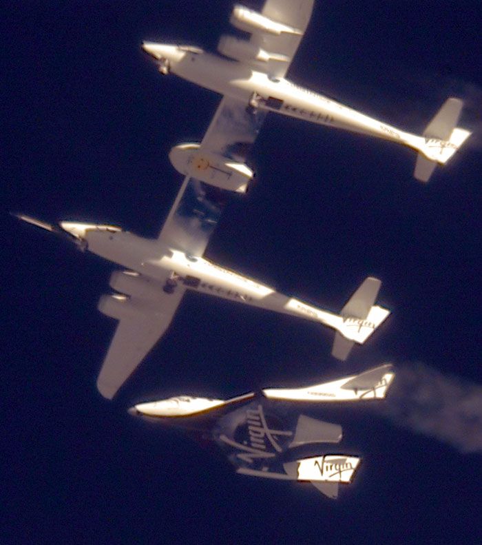 The VSS Enterprise is released from the VMS Eve to conduct its first manned glide flight above the Mojave Desert in Southern California, on October 10, 2010.