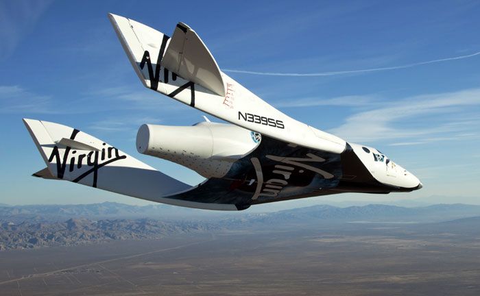 The VSS Enterprise conducts its first manned glide flight above the Mojave Desert in Southern California, on October 10, 2010.