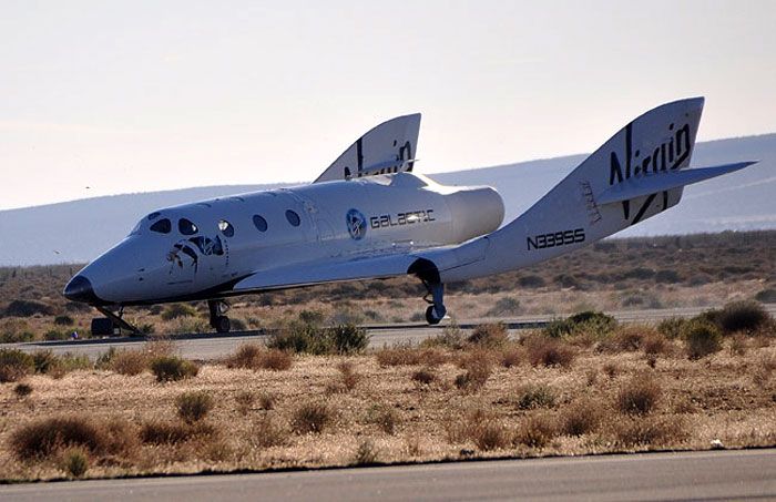 The VSS Enterprise lands at the Mojave Air and Space Port in Southern California after successfully completing its first manned glide flight, on October 10, 2010.