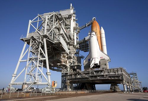 Space shuttle Endeavour stands poised for liftoff at Launch Complex 39A at Kennedy Space Center in Florida, on February 6, 2010.