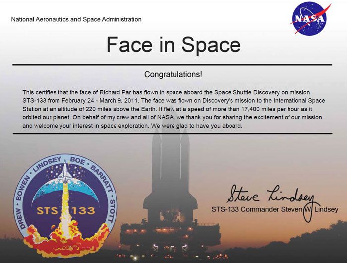 My participation certificate for space shuttle flight STS-133.