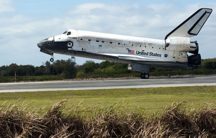 Space shuttle Discovery lands at Kennedy Space Center in Florida for the final time on March 9, 2011.