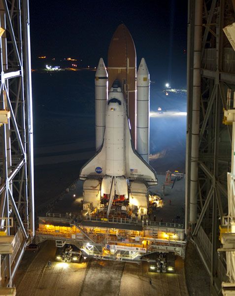 Space shuttle Endeavour rolls out of the Vehicle Assembly Building at Kennedy Space Center in Florida on March 10, 2011.