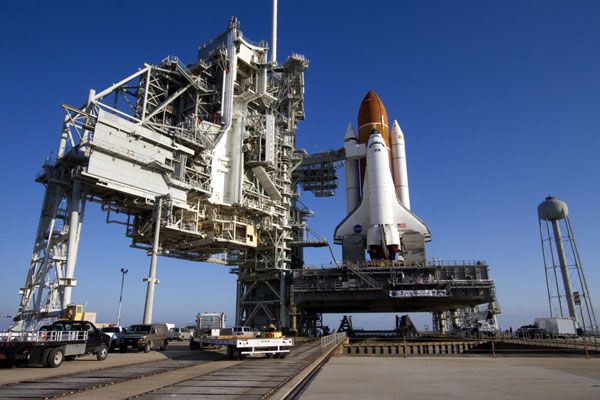 Space shuttle Endeavour sits atop her launch pad at Kennedy Space Center in Florida on March 11, 2011.