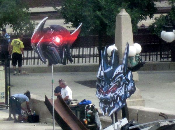 Cardboard cut-outs for Shockwave and Soundwave on the Chicago set of TRANSFORMERS 3.