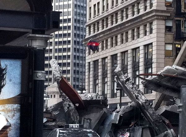 Shockwave, or at least his cardboard cut-out, looms above the ruins of Chicago in TRANSFORMERS 3.