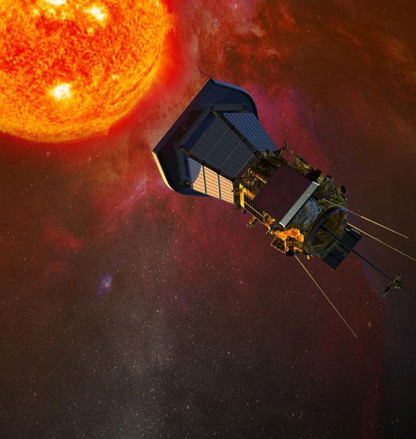 An artist's concept of NASA's Parker Solar Probe spacecraft approaching the Sun.