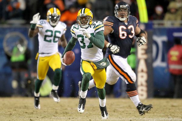 The Green Bay Packers' Sam Shields heads for the end zone after making an interception during the Packers' 21-14 victory over the Chicago Bears in the NFC Championship Game, on January 23, 2011.
