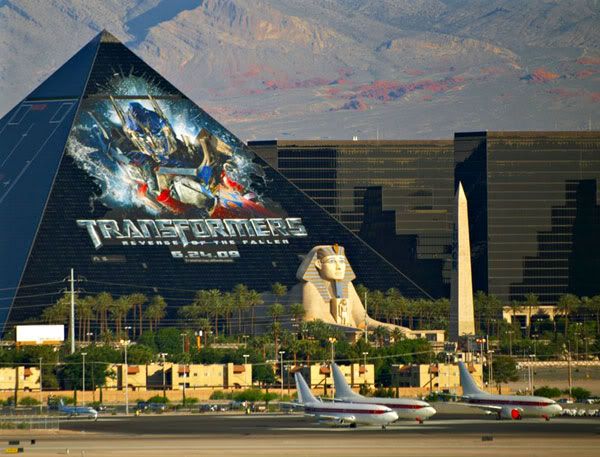 A TRANSFORMERS 2 ad on the side of the Luxor hotel in Las Vegas.