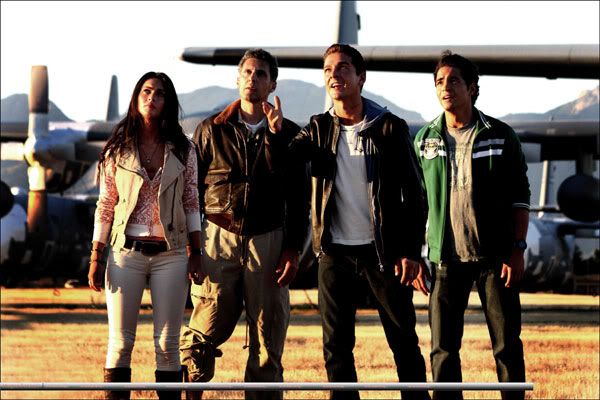 TRANSFORMERS 2 main cast: Megan Fox, John Torturro (Agent Simmons), Shia LaBeouf (Sam Witwicky) and Ramon Rodriguez (Leo).