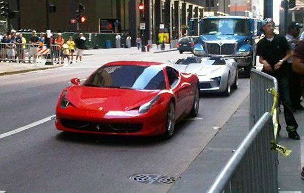 The Ferrari 458 Italia that will be an Autobot in TRANSFORMERS 3...with Sideswipe's Corvette convertible behind it.