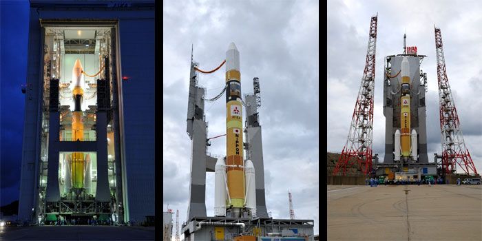 Photos showing the H-IIA rocket rolling from the Vehicle Assembly Building out to the launch pad at Tanegashima Space Center in Japan, on May 16, 2010 (California time).