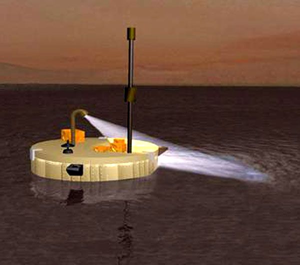 An artist concept of the Titan Mare Explorer (TiME) floating in a sea on Saturn's moon.