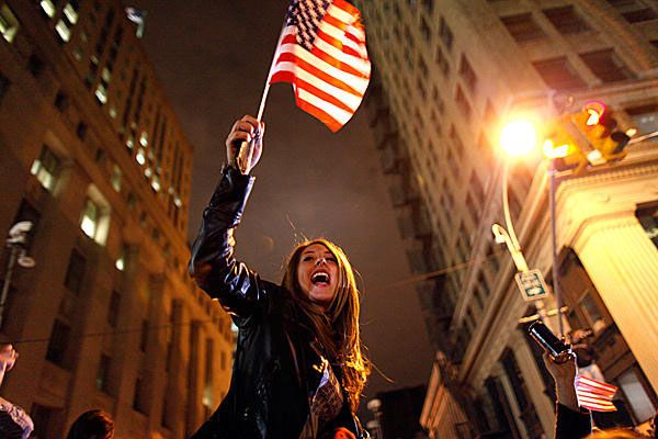 A reveler in New York celebrates after hearing news that Osama bin Laden is no more.