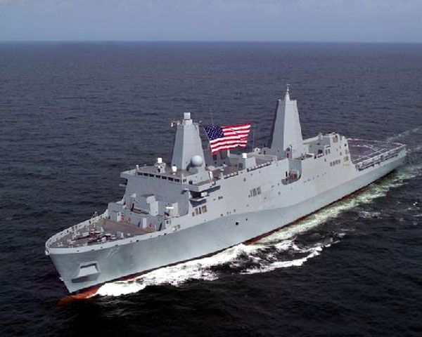 The USS NEW YORK being tested at sea.