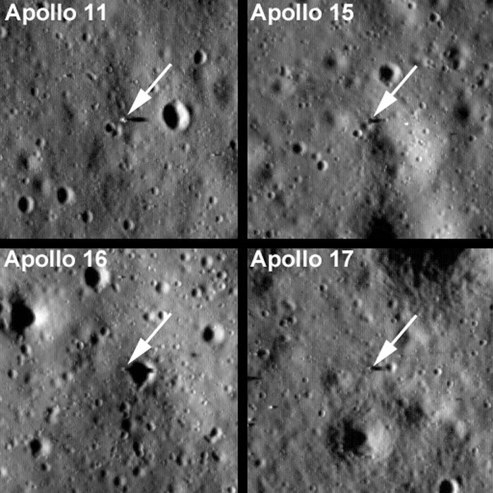 The Apollo 11, 15, 16 and 17 landing sites as seen by the Lunar Reconnaissance Orbiter (LRO) a few days ago.