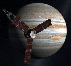 An art concept of NASA's JUNO spacecraft approaching Jupiter.