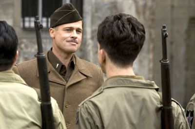 1st Lieutenant Aldo Raine (Brad Pitt) addresses his fellow 'Basterds' in INGLOURIOUS BASTERDS.