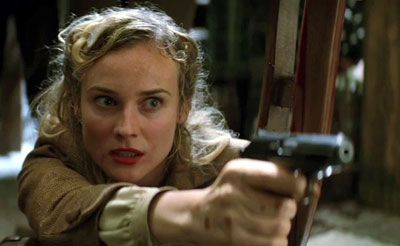 Bridget von Hammersmark (Diane Kruger) shoots a fellow German in INGLOURIOUS BASTERDS.
