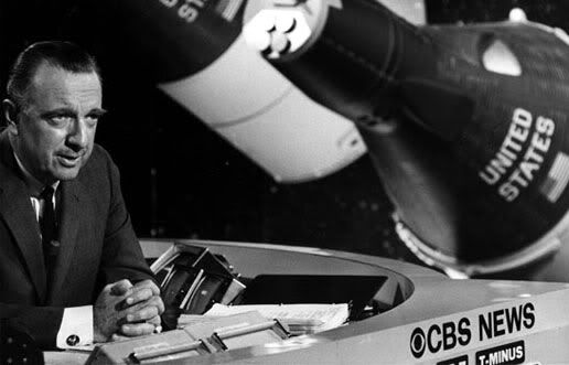 Walter Cronkite with NASA space capsules behind him.