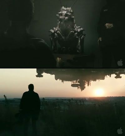 An alien is interviewed by government agents, and the alien spacecraft lurks above the horizon in DISTRICT 9.