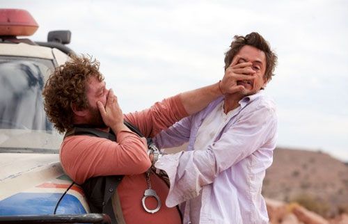 Peter and Ethan scuffle after a poignant moment at the Grand Canyon in DUE DATE.