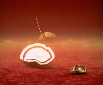 An artist's concept of ESA's Huygens probe on the surface of Titan, Saturn's moon.