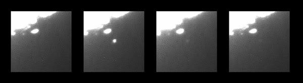 Four images taken by a ground-based telescope showing the Kaguya spacecraft crashing onto the Moon.