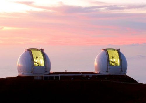 As the Sun sets, the twin Keck telescopes prepare for another night of astronomical observations.