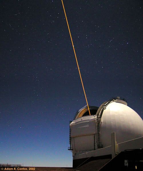 A close-up of the laser that's being shot into the sky by one of the Keck telescopes on Mauna Kea.
