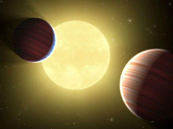 An artist's concept of two exoplanets orbiting the same star, as discovered by the Kepler spacecraft.