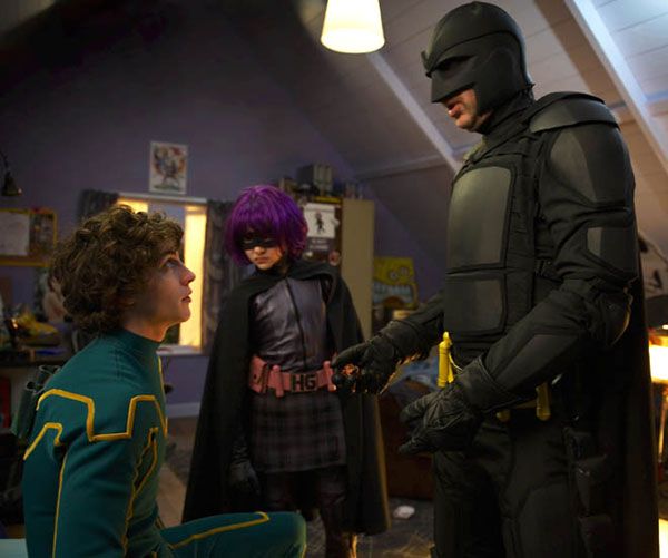 At his house, Kick-Ass is visited by Hit Girl and her father, Big Daddy in KICK-ASS.