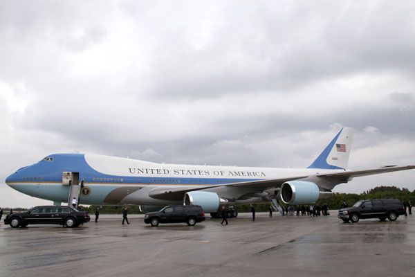 During Obama's visit, Air Force One is parked at Kennedy Space Center's Shuttle Landing Facility, on April 15, 2010.