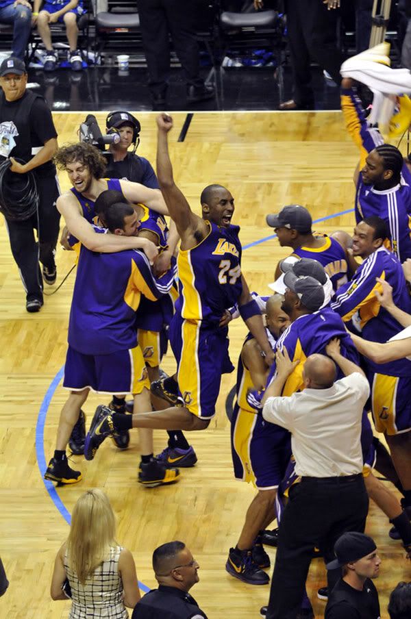 The Los Angeles Lakers celebrate after defeating the Orlando Magic, 99-86, in Game 5 of the 2009 NBA Finals...winning their 15th franchise championship.