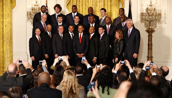 President Obama poses for a group photo with the L.A. Lakers at the White House on January 25, 2010.
