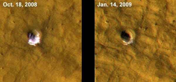 Two photos showing water ice inside a Martian crater, before the ice sublimates (vaporizes) into gas.